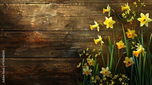 Daffodils in wood with copy space, generative ai