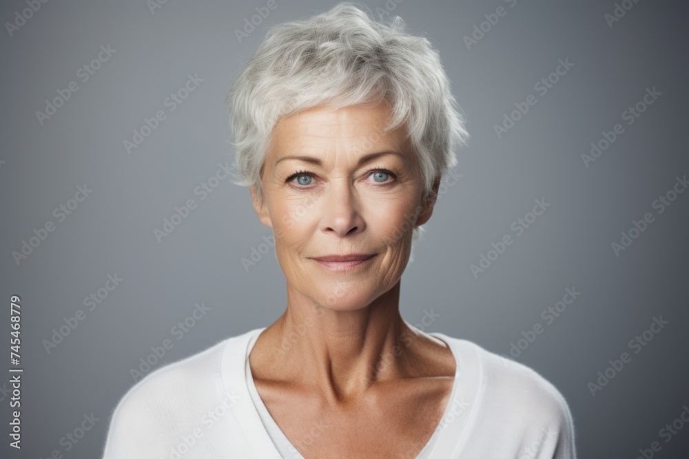 Portrait of a beautiful senior woman over grey background. Looking at camera. Portrait of a beautiful senior woman over grey background. Looking at camera.