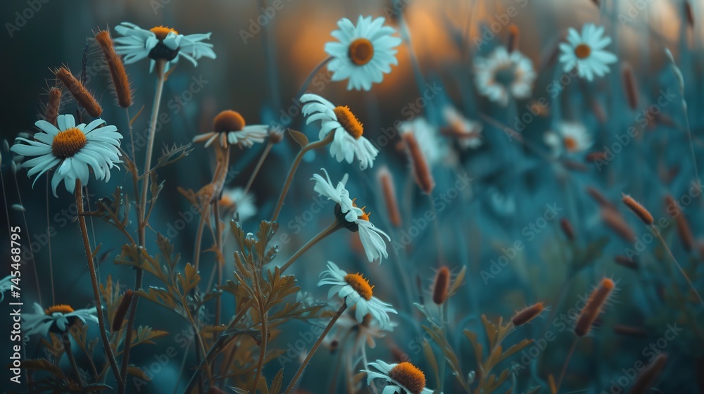 Beautiful chamomile wildflowers, purple wild peas, butterflies in the morning fog in nature close-up macro. Landscape wide format, copy space, cool blue tones. Delightful pastoral airy artistic image - obrazy, fototapety, plakaty 