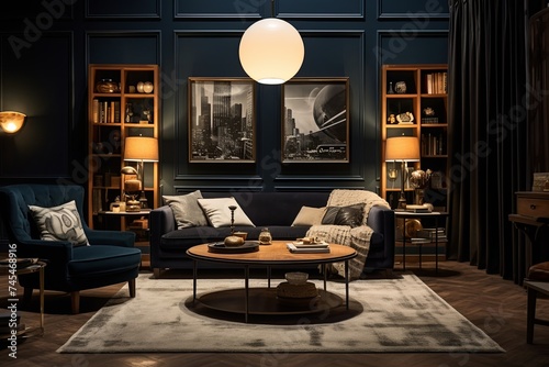 Vintage Film Noir living room design: Round wooden tables, chic textiles, and dark wall colors