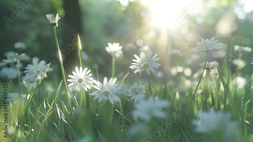 Many white daisies between green fresh grass in a meadow in front of the forest and shining sun, lens flares, in germany, generative ai