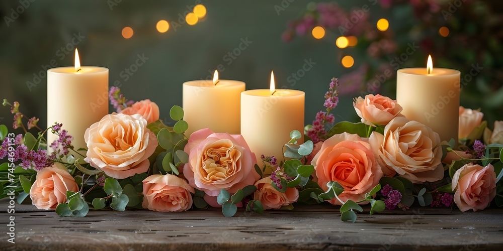 burning candles and pink rose flowers - obrazy, fototapety, plakaty 