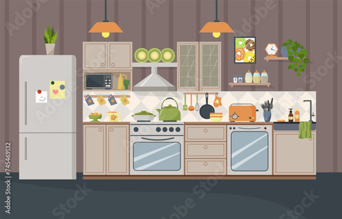 Illustration of a kitchen interior with modern furniture. Kitchen utensils - dishes, spice jars, toaster and kettle. Refrigerator and cabinets, shelves. Stove and dishwasher. Flat vector.