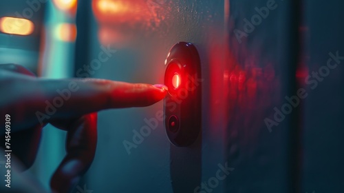 Electricity usage saving power by turned off. Human finger on red button on electro plug. High ricing price to electrical energy at home. Concept image to crise for energy branch in Europe. photo