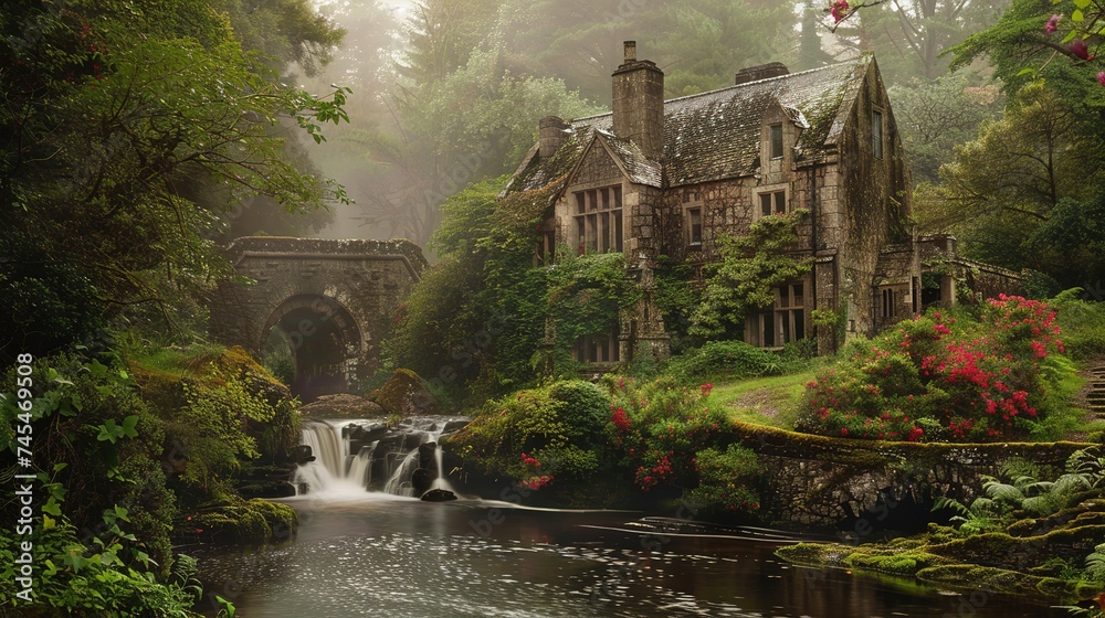 Scotland Garden Waterfall Beautiful Background , generative ai, - obrazy, fototapety, plakaty 