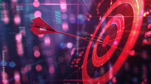 Red arrow dart board hit on target,business growthing and business strategy ideas concept.double exposure virtual of growth stock graph and line photo