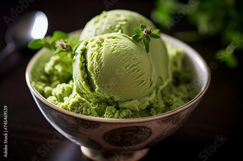 Cooling Matcha ice cream. Food sorbet dessert. Generate Ai © juliars