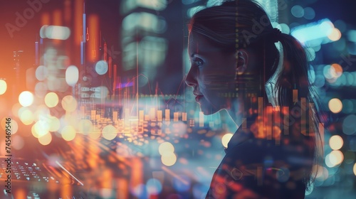 Side view of serious young businesswoman using laptop in abstract city with double exposure of blurry financial graph. Stock market concept. Toned image