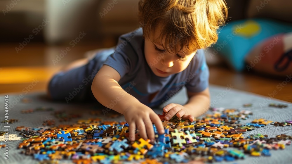 Toddler concentrating on a puzzle, surrounded by pieces
