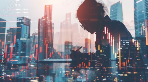 Unrecognizable young CEO writing in clipboard in abstract city with double exposure of blurry financial charts. Concept of trading and market analysis. photo