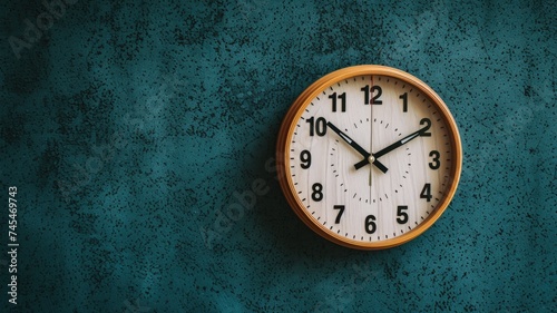 A wall clock on a textured blue wall
