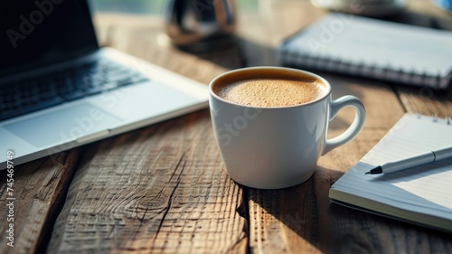 A coffee mug beside a laptop and notepad on a wooden desk