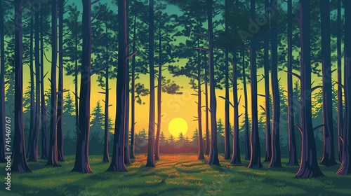 Sunset or dawn in a pine forest in spring or early summer. The sun among the trunks of pines  generative ai