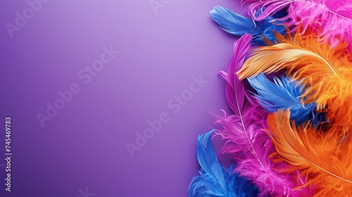 Colorful feathers arranged on a purple background © Artyom
