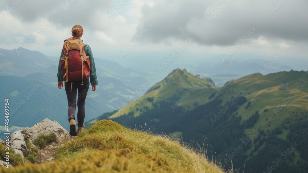 Hiker with a backpack walking on a mountain trail