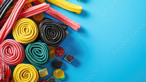 Assorted colorful candies on a blue background photo