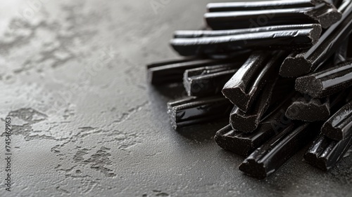 Black licorice candy sticks on a surface