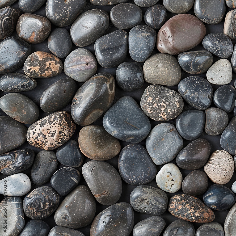Seamless Pattern of Gray and Black Pebbles on the Beach, Bird's Eye View Seamless Pattern of Gray and Black Pebbles on the Beach, Bird's Eye View