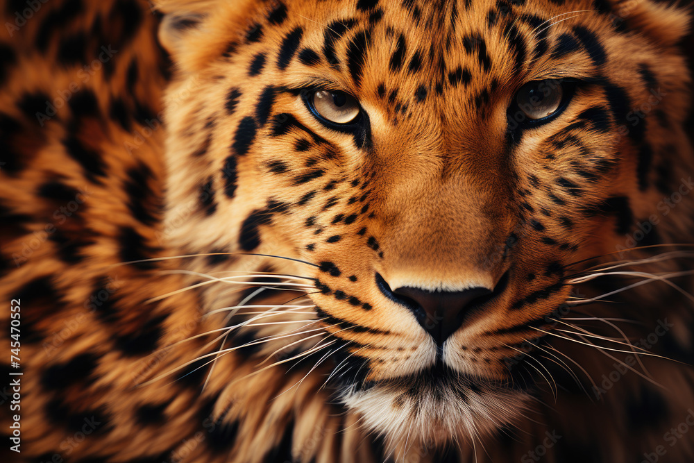 Fototapeta premium leopards face, showcasing its striking features, including intense eyes, sharp whiskers, and powerful jaw