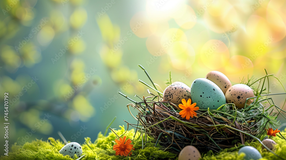 Happy Easter. Background of flowers and Easter eggs in a basket. Spring garden. Happy Easter. Background of flowers and Easter eggs in a basket. Spring garden.