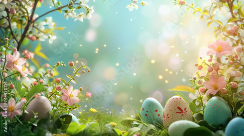 Happy Easter. Spring garden. Easter eggs and flowers background. #745470714