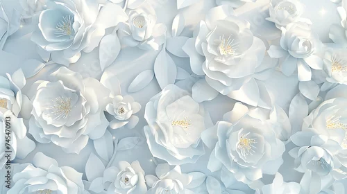 Obraz 3d render, digital illustration, white paper flowers, Valentine's day decoration, pastel floral background, bridal bouquet, wedding, quilling, Easter holiday greeting card, generative ai