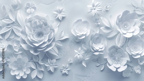 3d render, digital illustration, white paper flowers, Valentine's day decoration, pastel floral background, bridal bouquet, wedding, quilling, Easter holiday greeting card, generative ai