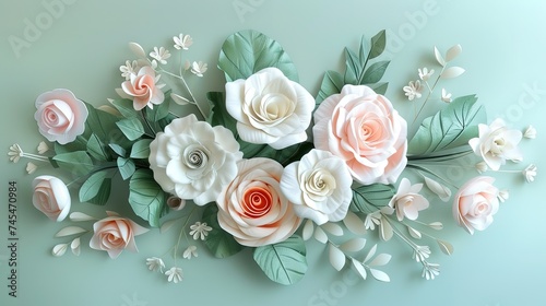 3d render, digital illustration, white paper flowers, Valentine's day decoration, pastel floral background, bridal bouquet, wedding, quilling, Easter holiday greeting card, generative ai © irvan