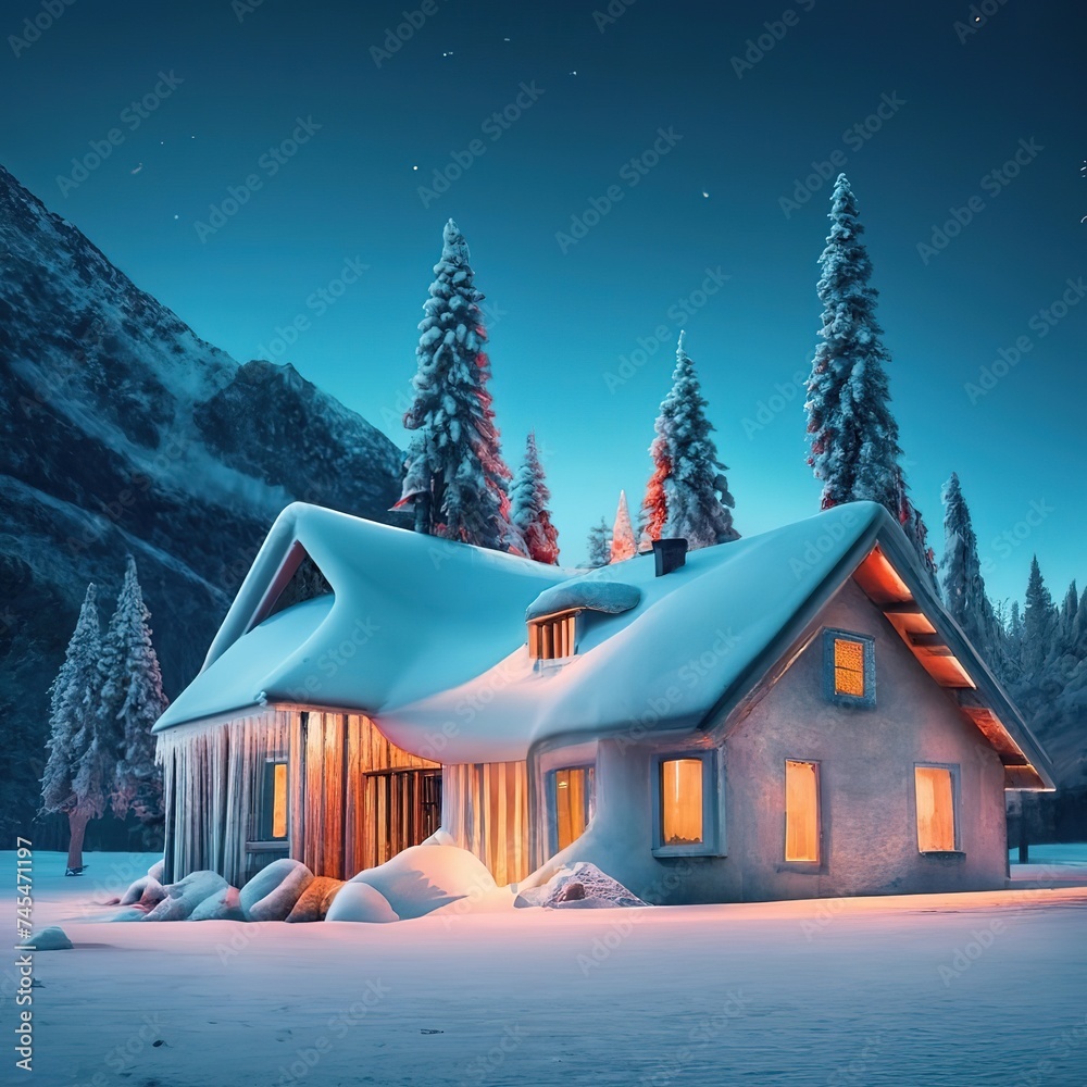 Fototapeta premium Christmas house in the mountains environment concept digital illustration