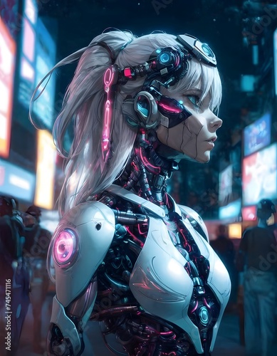 This sentinel looks on with a silent vigilance, her cybernetic form adorned with pink neon, standing guard in an urban jungle.