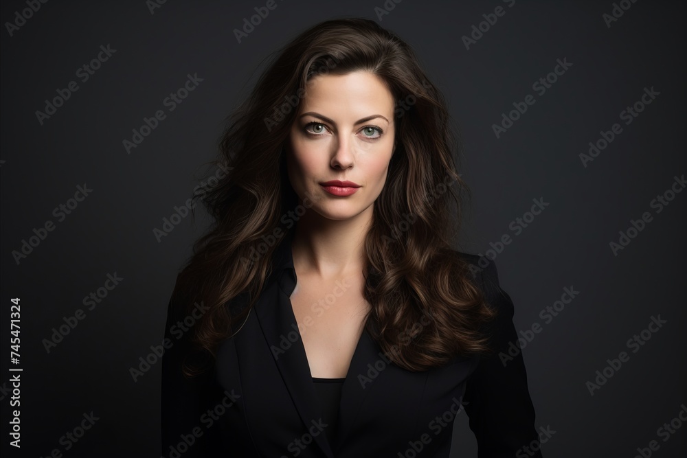 Beautiful brunette woman in black suit on dark background. Studio shot. Beautiful brunette woman in black suit on dark background. Studio shot.