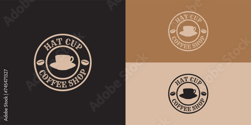 Coffee shop or cafe icon design template of hot coffee cup with steam and coffee beans in soft gold color. Vector isolated symbol of americano or espresso mug for r coffeeshop or coffeehouse cafeteria