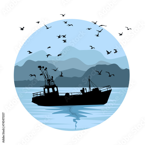 Fishing ship and seascape on circle on white background. Sea shore with mountains and fishermen vessel silhouette.Boat sailing in river or lake at coast.Vessel, hills and coastline.Vector illustration