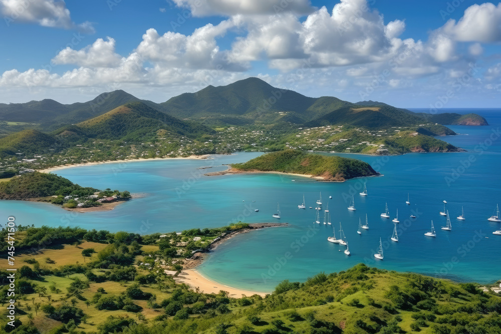 Obraz premium A vibrant tropical island is surrounded by crystal clear waters, with several sailboats gracefully gliding through the sea under the warm sun
