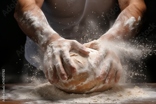 White Man hands flour splash. Food hand make. Generate Ai