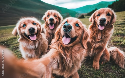 Selfie of group dogs concept cute golden retriever puppy animal pet