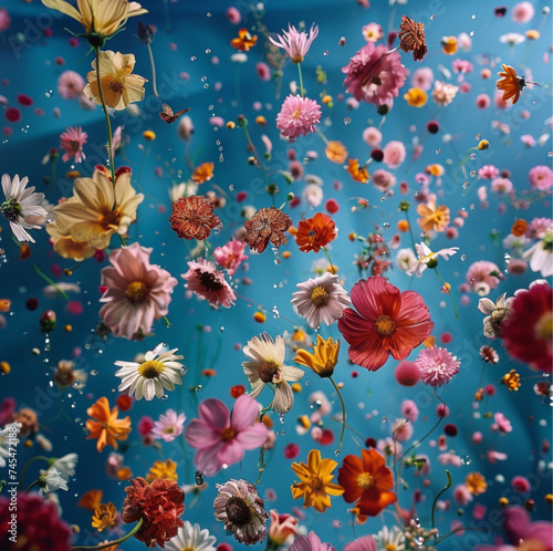 a blue background where it is raining flowers of all kinds