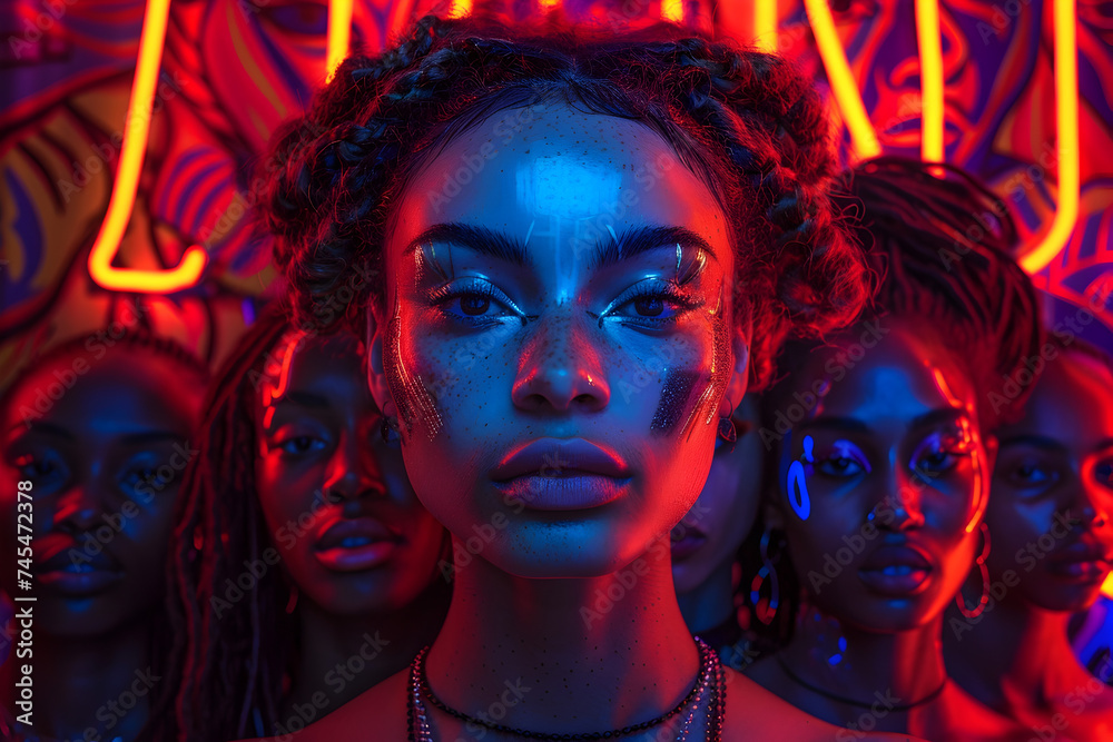 Vibrant Neon-Lit Collage of Diverse Group Portraits