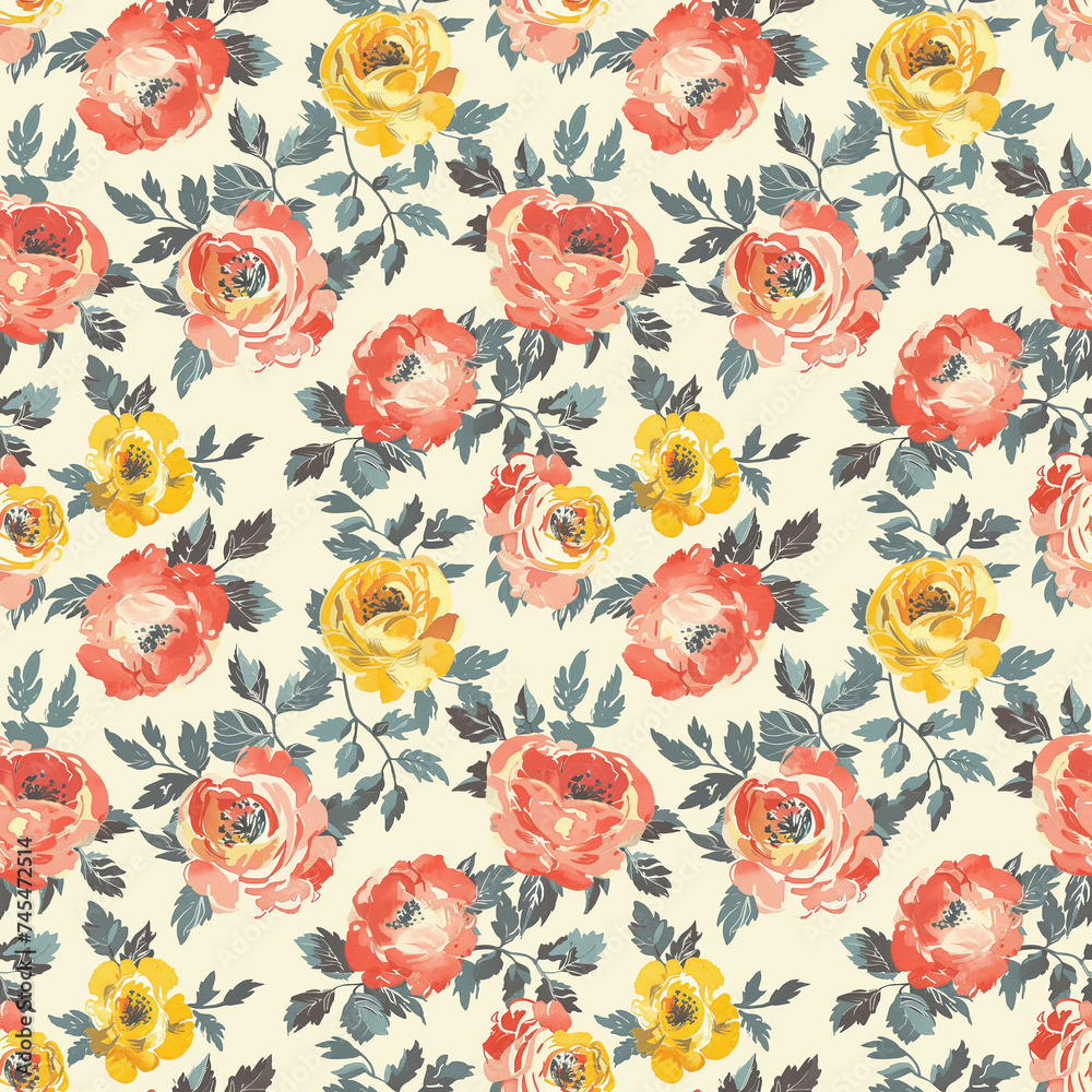 Seamless pattern with retro roses red and yellow in style of watercolor Seamless pattern with retro roses red and yellow in style of watercolor
