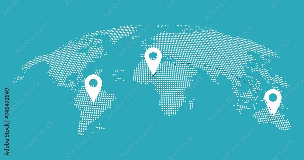 Abstract world map animation with pointers. Pins on world map ...
