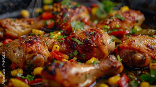 Baked chicken and corn. Chicken and vegetables cooked in oil. Grilled chicken and corn background