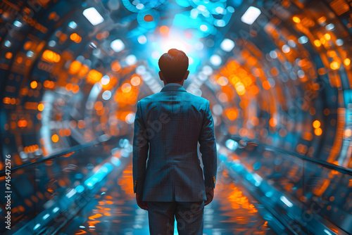 A Young Person Walking Through A Futuristic Tunnel In The Style Of Cyberpunk