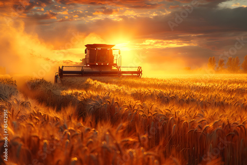Dreamy Sunset Harvester in Wheat Field