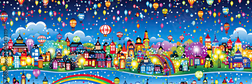 Colorful Fantasy Town with Hot Air Balloons and Fireworks
