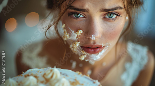 Sad bride with a wedding cake smashed in her face