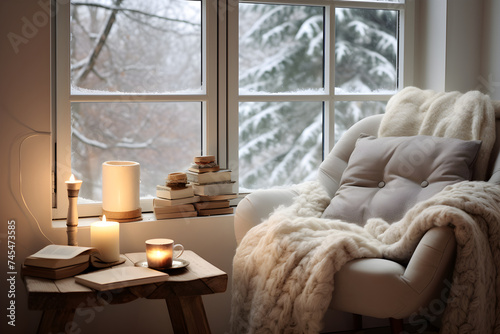 Hygge Living: The Cozy Corner of Contentment, Serenity and Warmth under a Reading Lamp Amidst Falling Snow