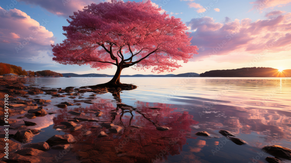A vibrant pink flowering tree stands tall on a rocky beach, contrasting beautifully with the rugged terrain and serene waters - obrazy, fototapety, plakaty 