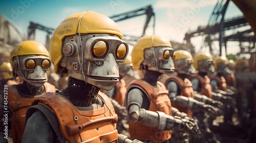 group of robots working on a construction site photo