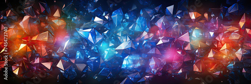  Vivid blue and red crystal facets with bright highlights, banner. Abstract Colorful Crystal Background.