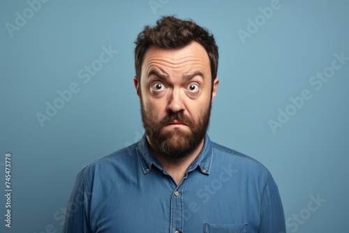Surprised man looking at camera with wide open mouth on blue background © Inigo